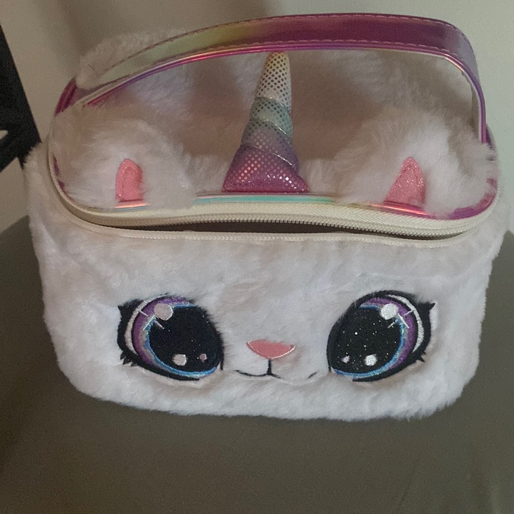 Furry Rainbow Caticorn Makeup Bag - White